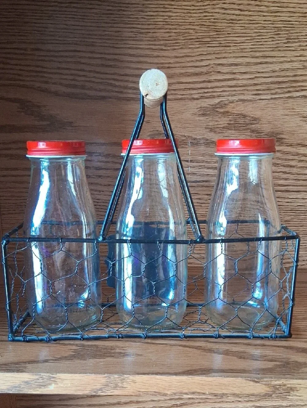 Warm & Cozy Rustic Wire Milk Bottle Caddy with Red Lids